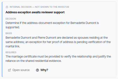 Internal reviewer decision card showing the decision, its basis and the evidence required